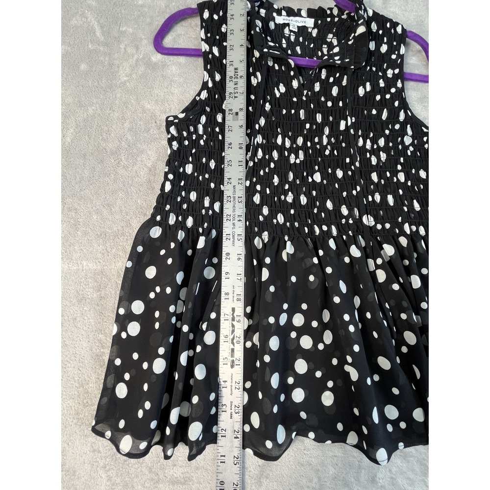 Women's Polka Dot Black w/White Top XS Whimsical Smocked Flowing Semi Sheer - Picture 10 of 11